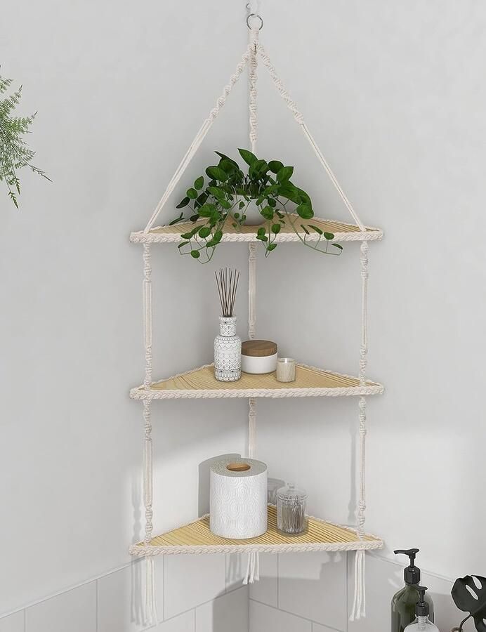 Hangplank houten hoekplank witte wandplank Boho macrame muurophangplank wanddecoratie zwevende plank plantenstandaard voor keuken slaapkamer woonkamer 3 lagen
