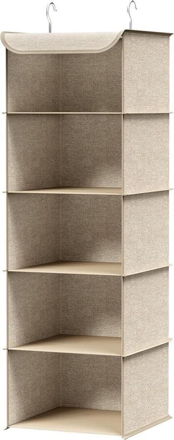 Hangplank Organizer Kledingkast Opvouwbaar Ruimtebesparend Kastopslag met metalen haken Bamboeversterking Linnenpatroon Zandbeige Kledingkast