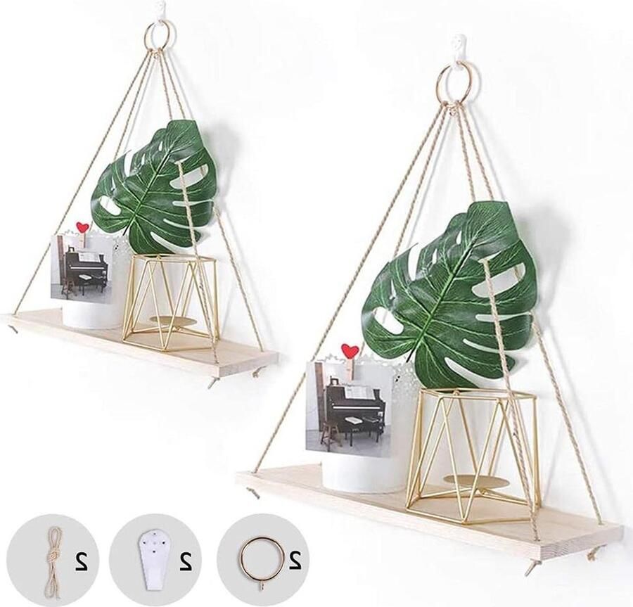 Hangplank set van 2 wandrek met touw zwevende planken van hout rustiek design jute touw metalen ringen en haken woondecoratie