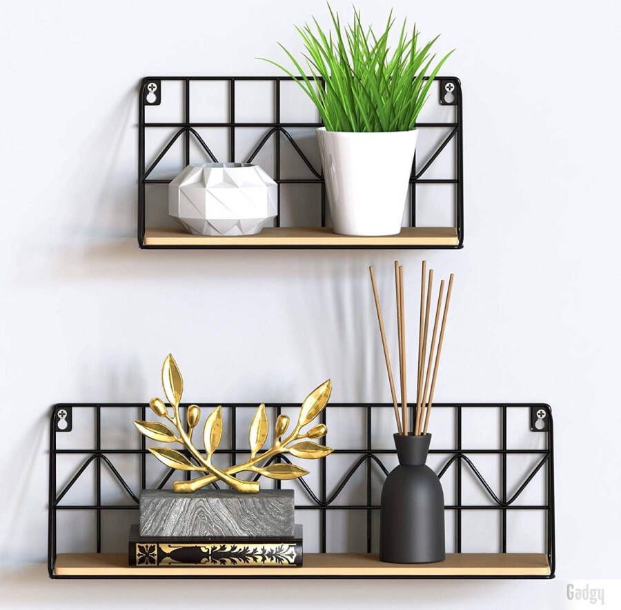 Gadgy Hanging Shelf Set of 2 Metal Black and Wooden Board Size 45 x 12 x 15 and 30 x 12 x 15 cm Metal Shelf Wall Decoration Floating Shelf