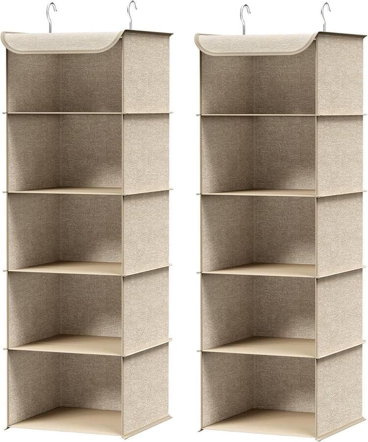 Hangplank Set van 2 Organizer Kledingkast Opvouwbaar Ruimtebesparend Kastopslag met metalen haken Bamboeversterking Linnenpatroon Zandbeige RCH005Y02 Ruimtebesparende Hangplanken Kledingkast