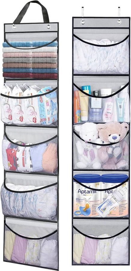 Hangrek 2 stuks hangende opbergorganizer met 5 hangorganizer voor deur en kast praktische opbergoplossing knuffeldieren en kleding in de kledingkast rek of badkamer (grijs)