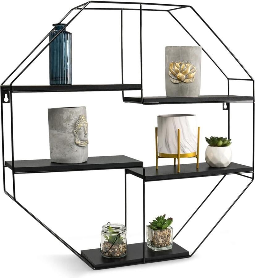 Hangrek 8-hoekig wandrek zwart in industriële look van stevig metaal zwevend rek voor keuken woonkamer etc. boekenrek muur met 5 planken vintage rek zwart