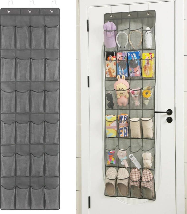 Hangrek deurorganizer hangorganizer hangende opbergtas met 24 vakken en 2 metalen haken voor kinderkamer badkamer woonkamer caravan grijs