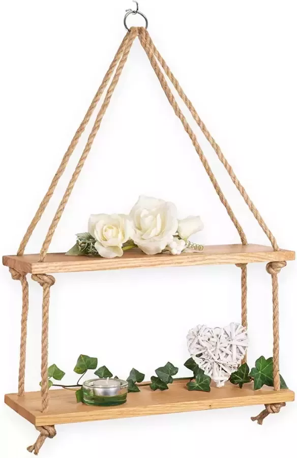 Hangrek eiken 40 cm met jute touw echt eikenhout– wandrek om op te hangen incl. montagemateriaal – houten rek hangend massief met echt handwerk gemaakt