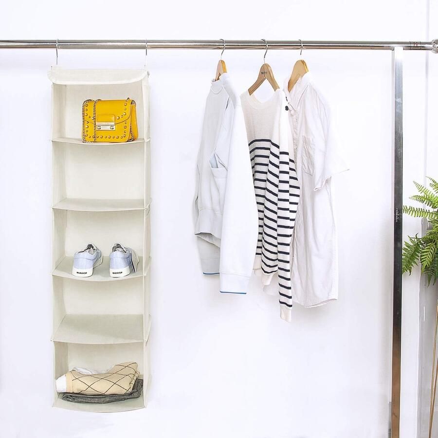 Hangrek hangende opberger met 5 vakken hangende organizer met metalen haken opbergsysteem voor kledingkasten camping 30 x 30 x 108 cm beige