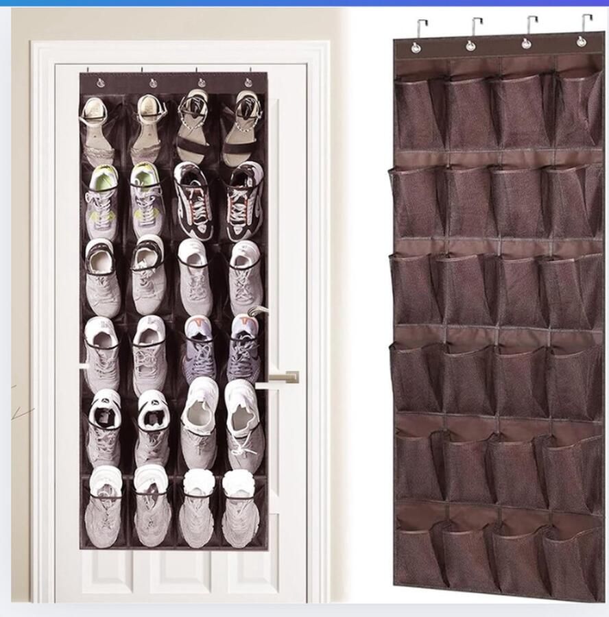 Hangrek hangende opbergtas met 24 vakken hangende organizer multifunctionele hangorganizer organizer boven de deur voor schoenen met 4 haken voor slaapkamer woonkamer 144 x 56 cm (bruin)