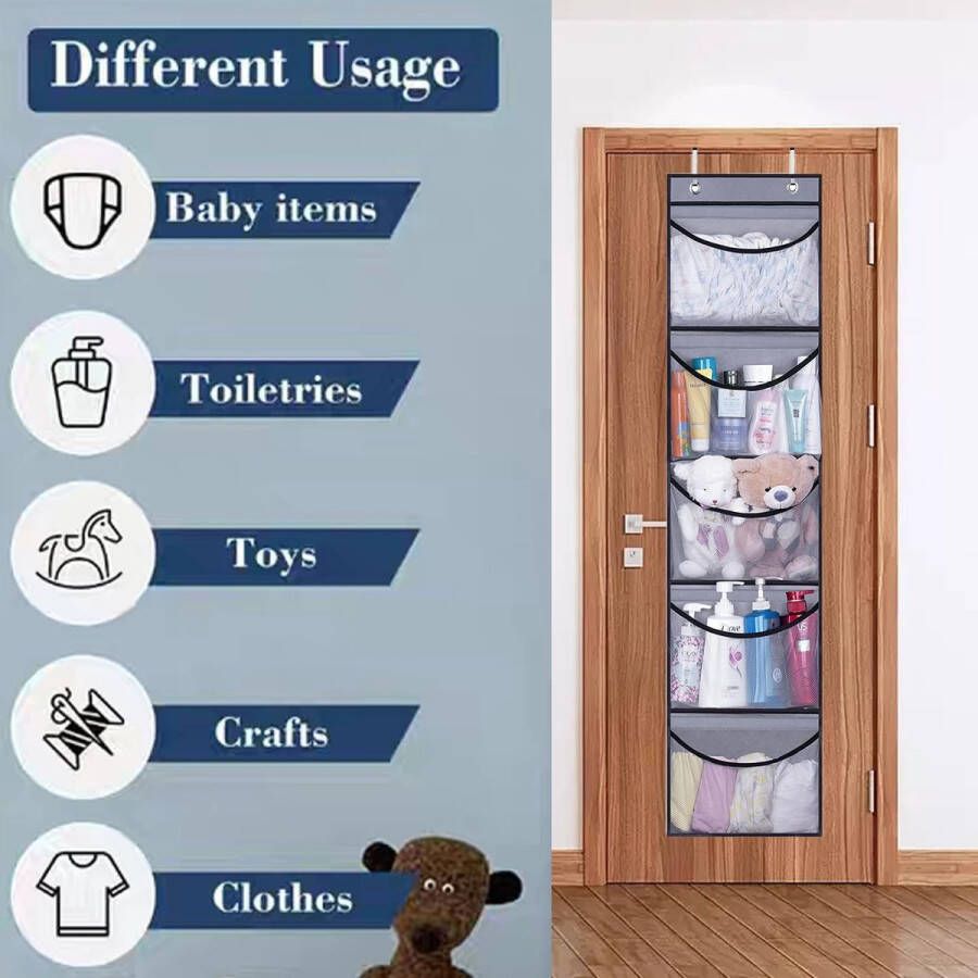 Hangrek hangorganizer deurorganizer hangende opbergtas met 5 grote vakken en 2 metalen haken voor het opbergen van schoenen speelgoed en andere voorwerpen grijs