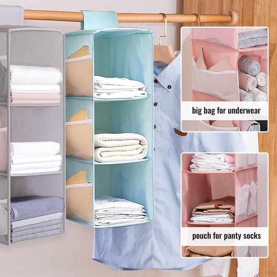 Hangrek kledingkast 3 vakken hangende organizer kast met 9 netvakken voor familiekast slaapkamer opvouwbaar en universele pasvorm 30 x 22 5 x 60 cm (grijs drie lagen)
