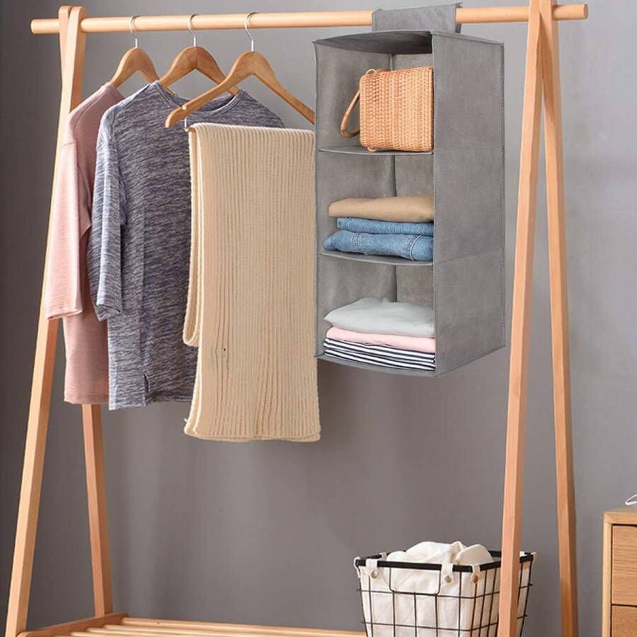 Hangrek kledingkast 3 vakken hangorganizer hangende kast organizer stabiel ruimtebesparend en opvouwbaar grijs