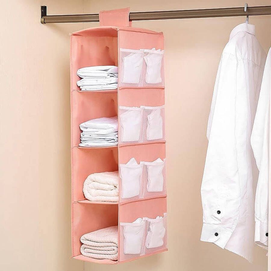 Hangrek kledingkast 4 vakken hangende organizer kast met 12 netzijvakken voor familiekast slaapkamer opvouwbaar en universele pasvorm 30 x 22 5 x 80 cm (roze)
