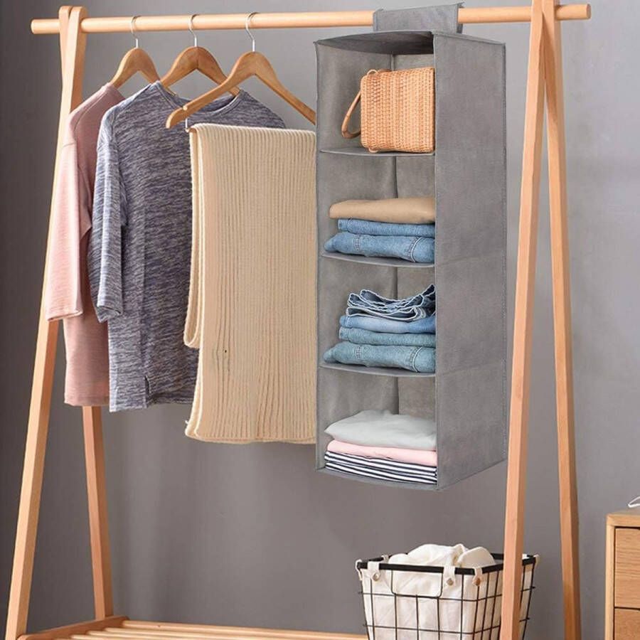 Hangrek kledingkast 4 vakken hangorganizer kastorganizer hangend stabiele hangopslag ruimtebesparend en opvouwbaar grijs