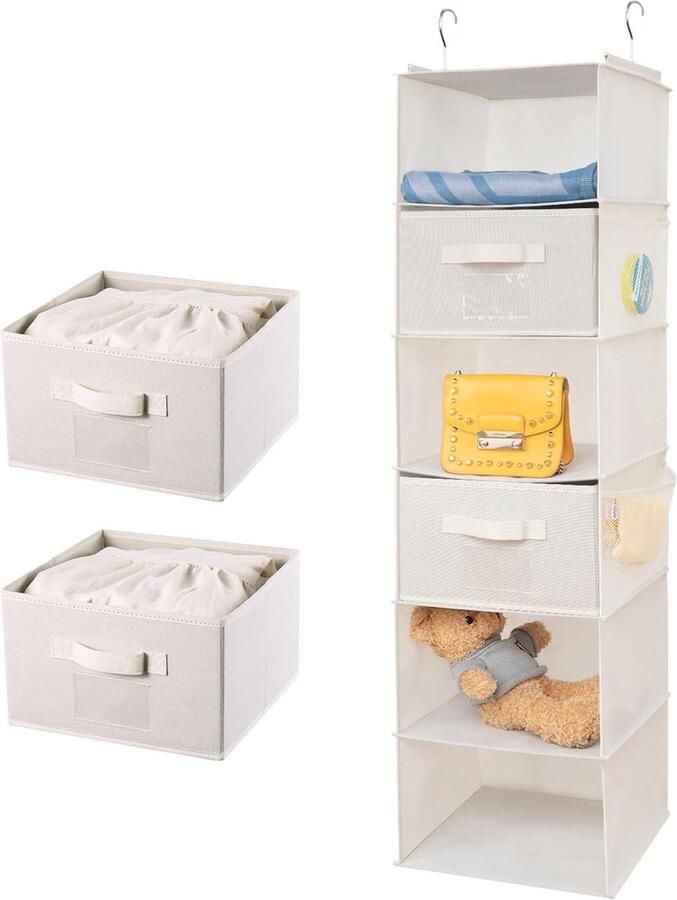 Hangrek kledingkast organizer opvouwbaar 6 vakken met 2 laden beige 30 x 30 x 110 cm