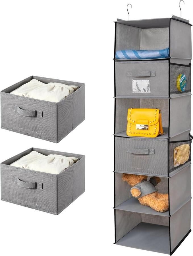 Hangrek kledingkast organizer opvouwbaar hangopslag 6 vakken 2 laden grijs 30x30x110 cm