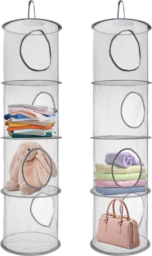Hangrek mesh 2 stuks Hangende net-opbergtas 4 niveaus Opvouwbare hangopslag organizer Voor kinderen knuffeldieren Hangrek voor kleine kleding Grijs