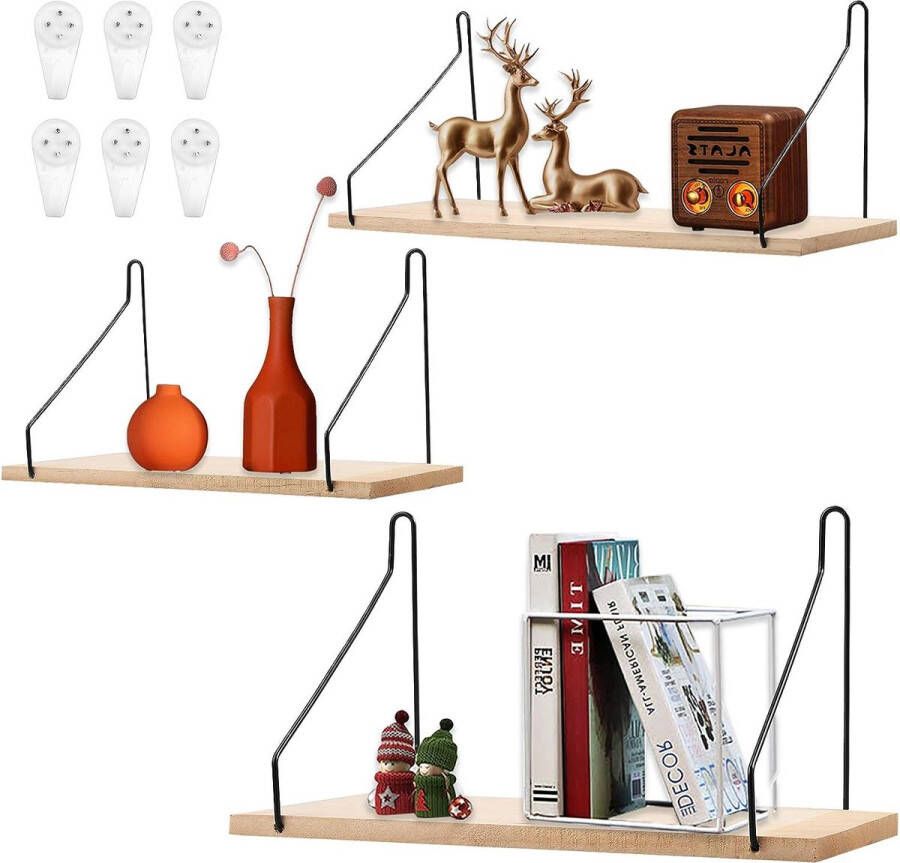 Hangrek van hout vintage set van 3 zwevende planken met metaaldraad voor woonkamer slaapkamer keuken kantoor