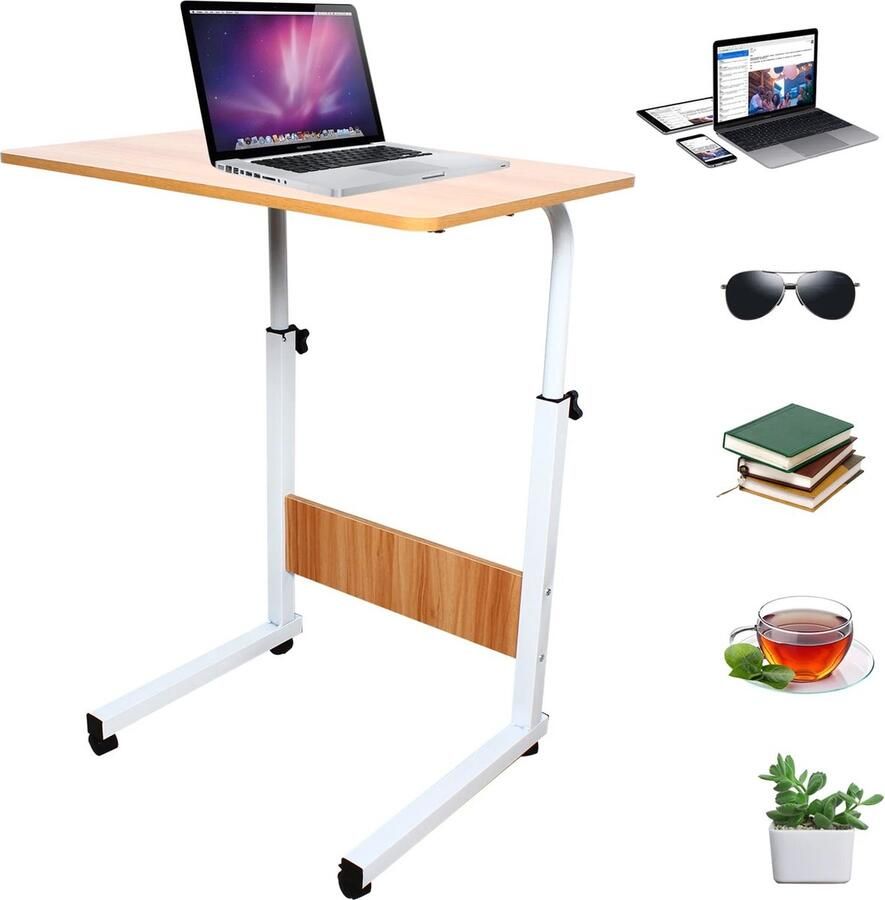 Hanimo Laptop Tafel Laptop Tafel Op Wielen Bedtafel Laptoptafel Bijzettafel Bijzet Tafel Bijzettafel op Wieltjes In Hoogte Verstelbaar 70-90cm L60xB40 Wit Hout