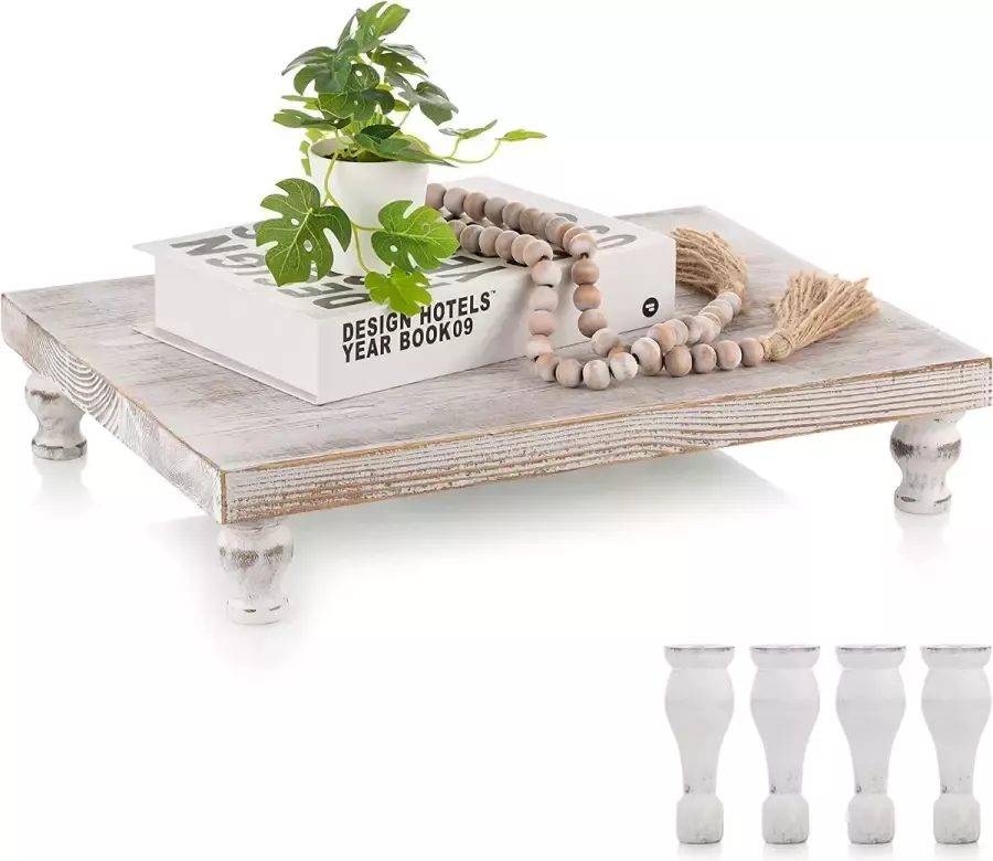 Hanobe Decoratief Dienblad Houten Dienblad: Houten Riser Boerderij Houten Voetstuk Display Stand Rustiek Witgekalkt Dienblad Riser Middenstuk voor Koffiebar Keuken Eettafel Korte & Hoge Voet