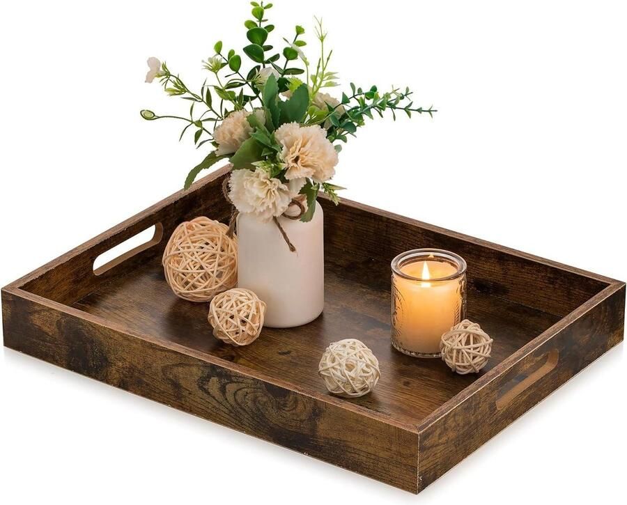 Rechthoekig decoratief houten dienblad rustieke bruine rechthoekige dienbladen decor handgrepen salontafel Ottomaanse woonkamer keuken woondecoratie groot wooden tray