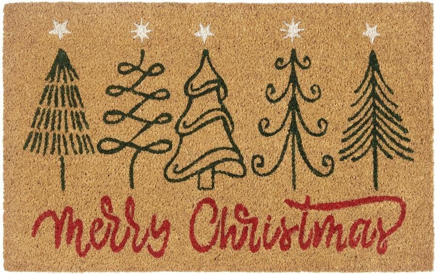Hanse Home Kokos Deurmat Kerst Antislip Vuilvanger Mat Natuurlijk voor Binnen Deurmat Vijf Kerstbomen Kokosvezelmat voor Entree & Overdekte Buitenruimte 40x70cm