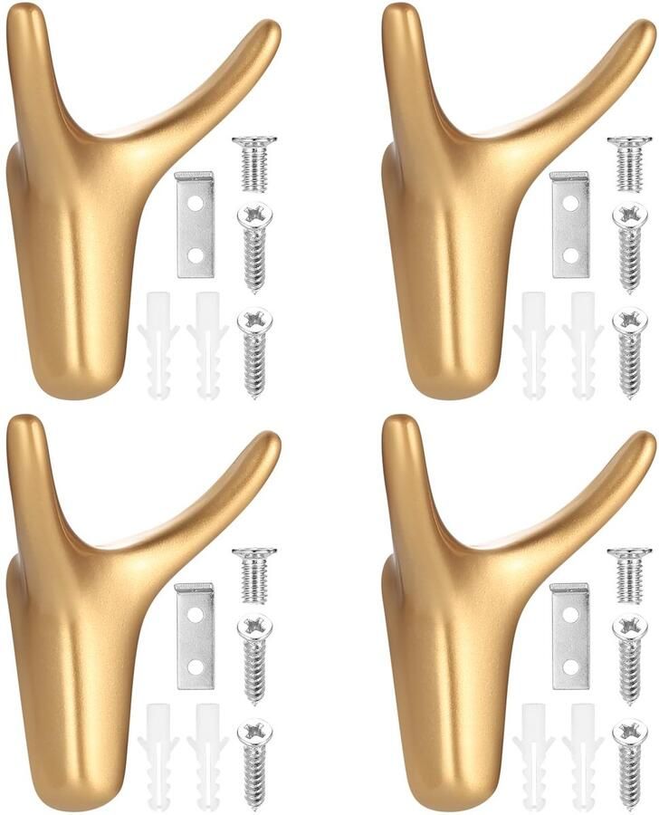 HAOCHEN 4-pack kapstokhaken wandhaken dubbele haken om te schroeven metalen kapstokhaken voor de muur voor slaapkamer badkamer garderobe woonkamer keuken haken (goudkleurig)