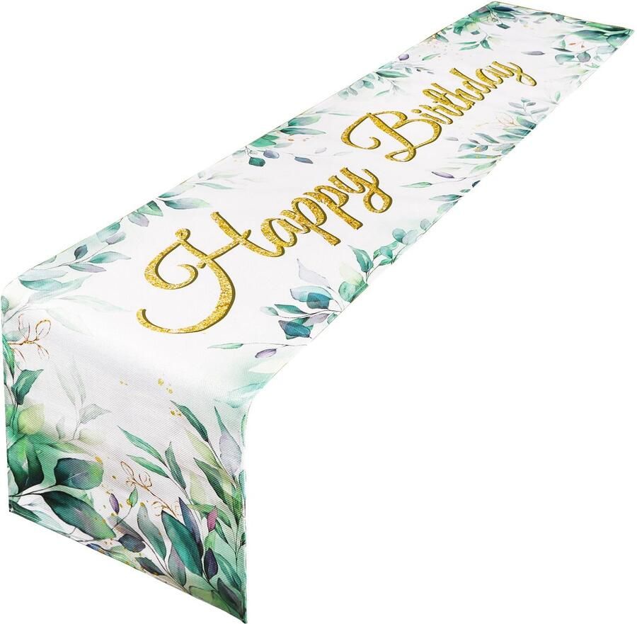 Happy Birthday Table Runner 180 x 33 cm Happy Birthday Jute Decoration Birthday Party for Kids Boys Leaves Green Gold Spring (A)