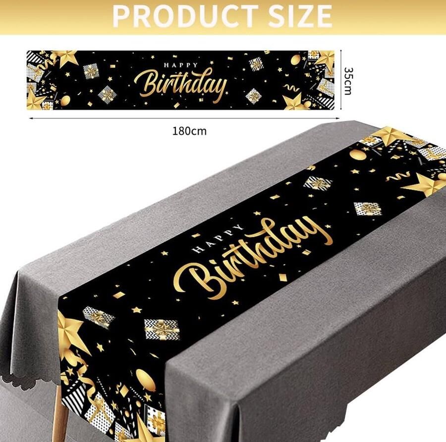 Happy Birthday Tafelloper Zwart-Goud 180 x 35 cm
