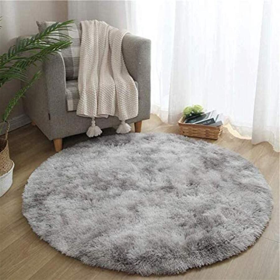 Harig hoogpolig rond vloerkleed moderne stijl slaapkamer tapijt shaggy interieurdecoratie grijs wit 140 cm