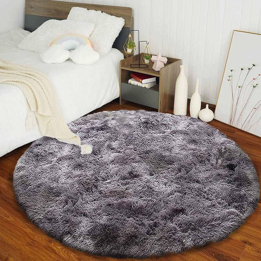 Harig hoogpolig vloerkleed voor de woonkamer rond modern slaapkamertapijt comfortabel shaggy vloerkleed interieurdecoratietapijt (grijs zwart 140 cm)