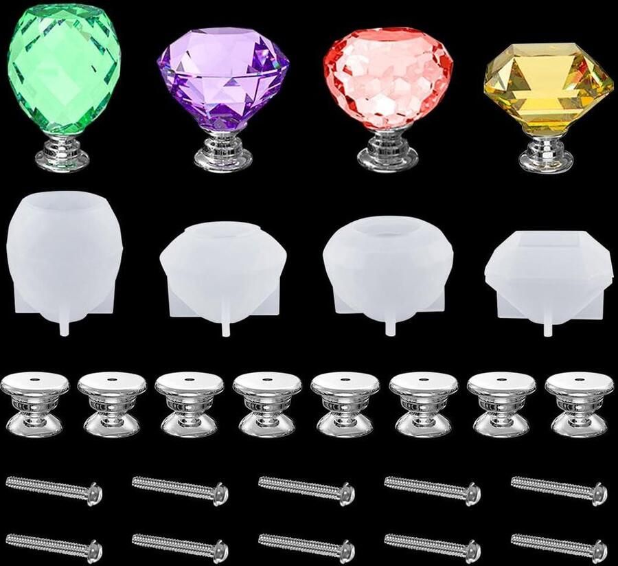 Hars lade knop mallen diamant kristal siliconen mal deur pull epoxy siliconen mallen knop gieten mallen doe-het-zelf sieraden sleutelhanger keukenkast deurgreep 4 stuks