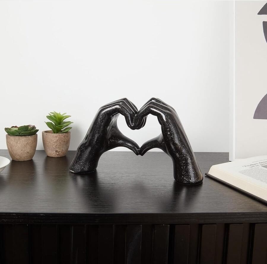 Hart Handen Ornament Gouden Hart Hand Standbeeld Gebaar Decoratie Vingersculptuur voor Bruiloft Decoratie Huisdecoratie Klein Ornament in Salontafel Kantoor en Slaapkamer (Zwart)