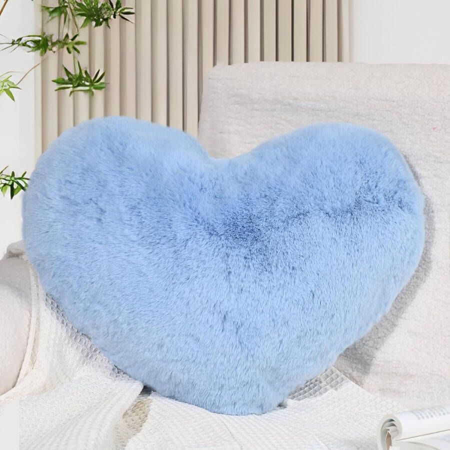 Hartkussen lichtblauw hartvormig kussen knuffelkussen liefdes sierkussen esthetisch pluche kussen voor woonkamer bank kind slaapkamer bed cadeau 38 x 48 cm
