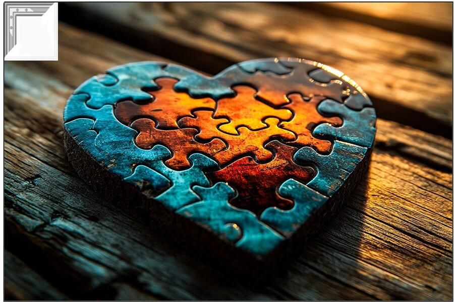 Hartvormige puzzel op houten tafel Liefde ArtFrame kunst puzzel Surrealistisch Doek met frame Wandstyling voor kamers artframe 105x70 cm