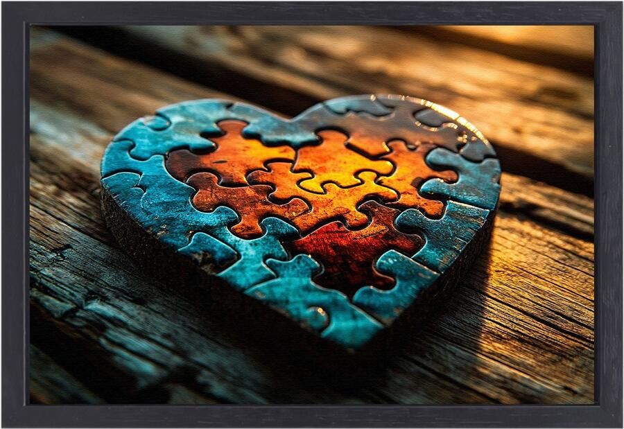 Hartvormige puzzel op houten tafel Liefde schilderijen canvas Schilderijen canvas puzzel Surrealistisch Schilderij in baklijst Esthetische decoratie canvas met baklijst 90x60 cm
