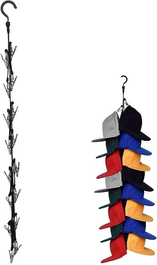 Hat Organizer Opbergsysteem voor Hangende Petten voor Thuis en Onderweg Muur- en Deurhanger Petten rek kapstok Hoedenrek cap rack opbergsysteem Opberger voor Petten en Houden 16 Clips 1stuks zwart