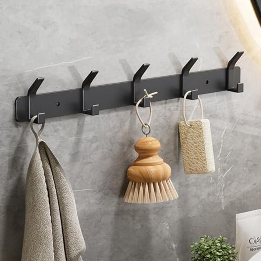 HATANSE 2 stuks kapstokken muur zwarte kapstokken met 5 haken aluminium kapstok wandkapstok voor slaapkamer badkamer keuken