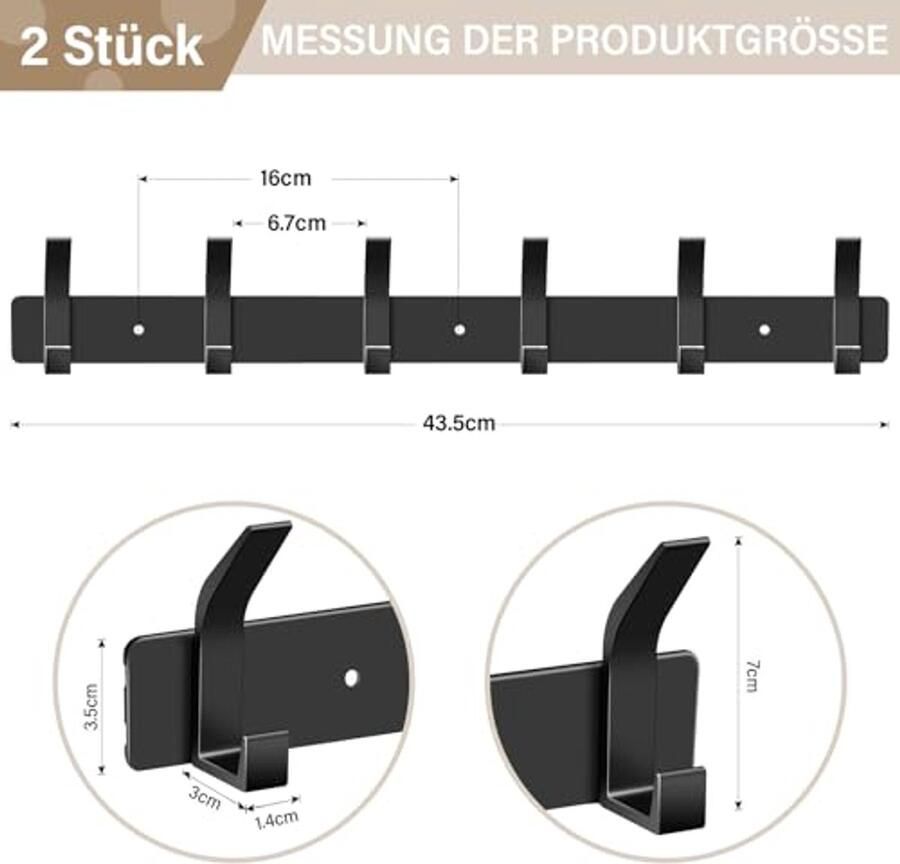 HATANSE Set van 2 kapstokken wandkapstokken zwart met 6 haken kapstok wandkapstok voor slaapkamer badkamer keuken
