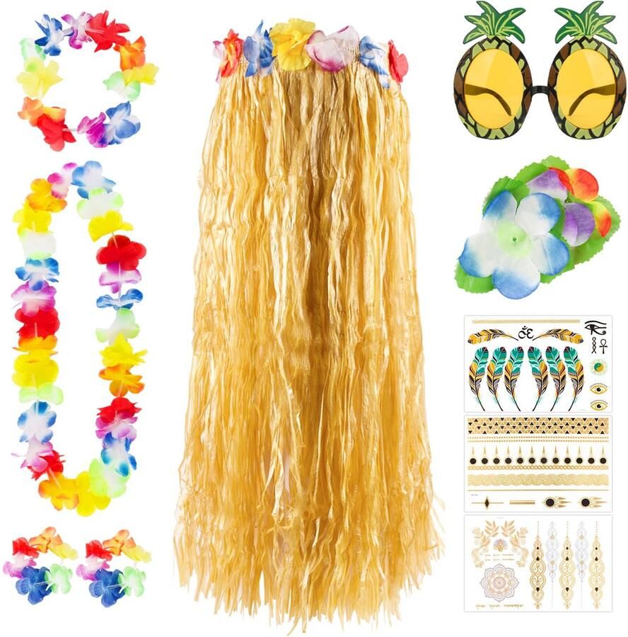 Hawaii Costume Set for Women 10 Pieces with Grass Skirt Necklace Hair Clip Headband Pineapple Glasses 2 Pieces Bracelets and 3 Sheets Tattoos Hawaiian Costume Accessories for Beach Party