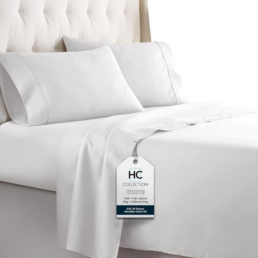 HC COLLECTION Bed Laken Set Twin met 1 Kussensloop Hotel Luxe Geborstelde Microvezel Laken met Diepe Pockets Kleurvast Ultra Zacht Ademend Lichtgewicht 3 Stuks Beddengoed Effen Kleur Wit
