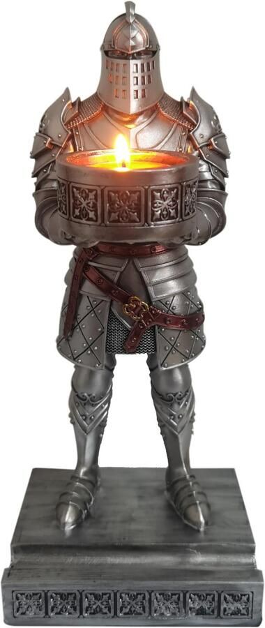HDMbigmi King's Guard staande ridder kaarsenhouder hars theelichthouder krijger mobiele telefoonstandaard pennenhouder kandelaar voor restaurant altaar thuis tafel (zilver)