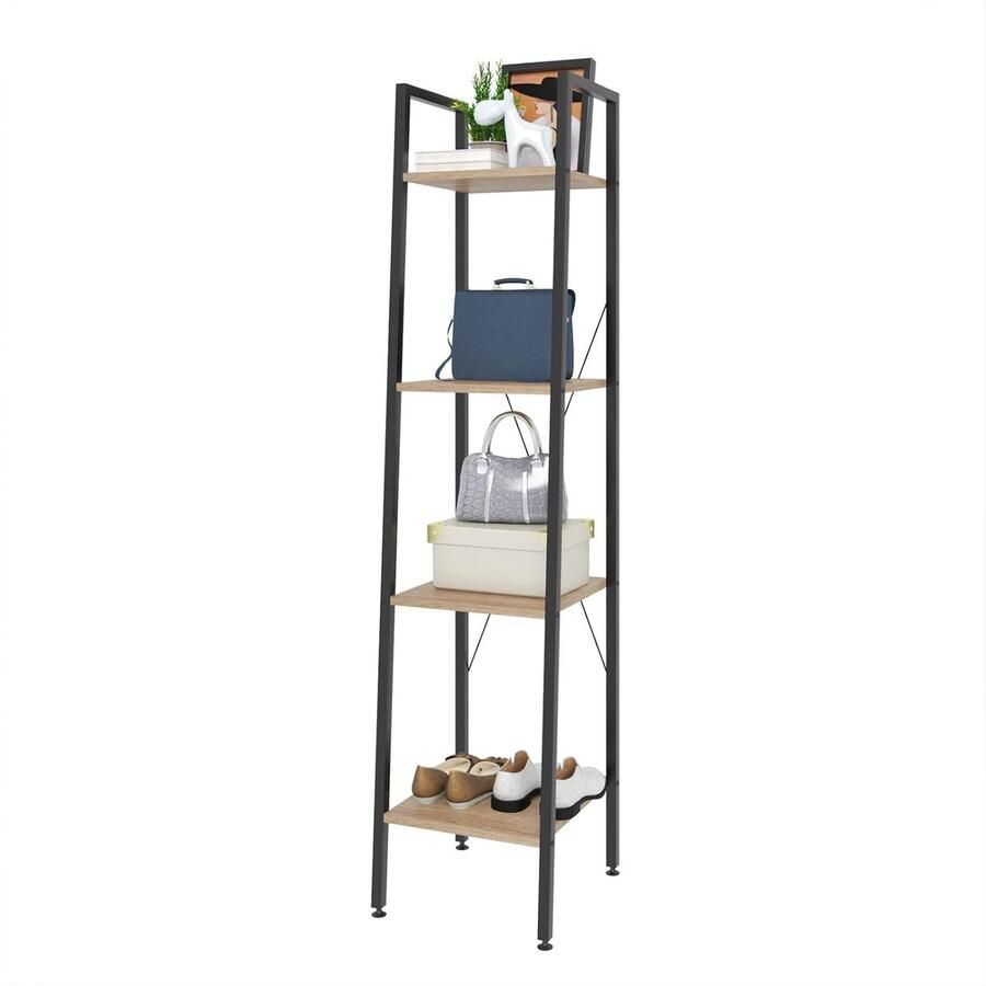 Heavy Duty 4-Tier Opbergplanken Ladder Boekenkast met Zwart Metalen Frame en Licht Eiken Planken