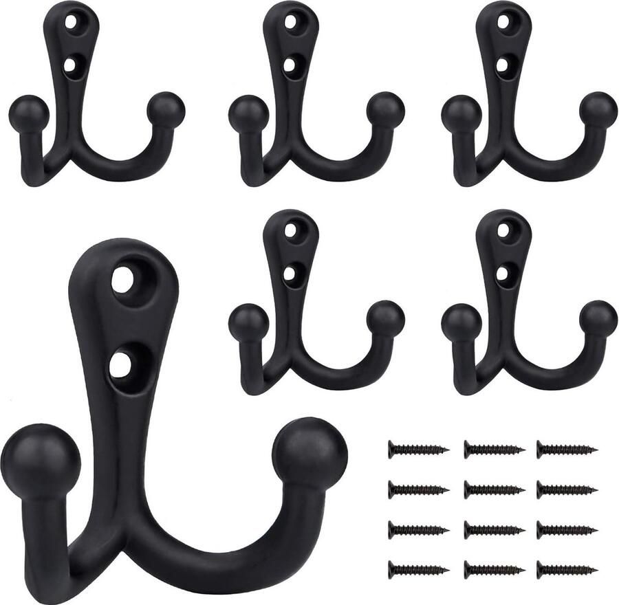 Heavy Duty Double Pin Wall Mounted Coat Hooks with 12 Screws (Black 6PCS) Retro Double Bathrobe Hooks Utility Hooks for Jacket Scarf Bag Towel Key Cap Cup Hat (Black 6PCS)