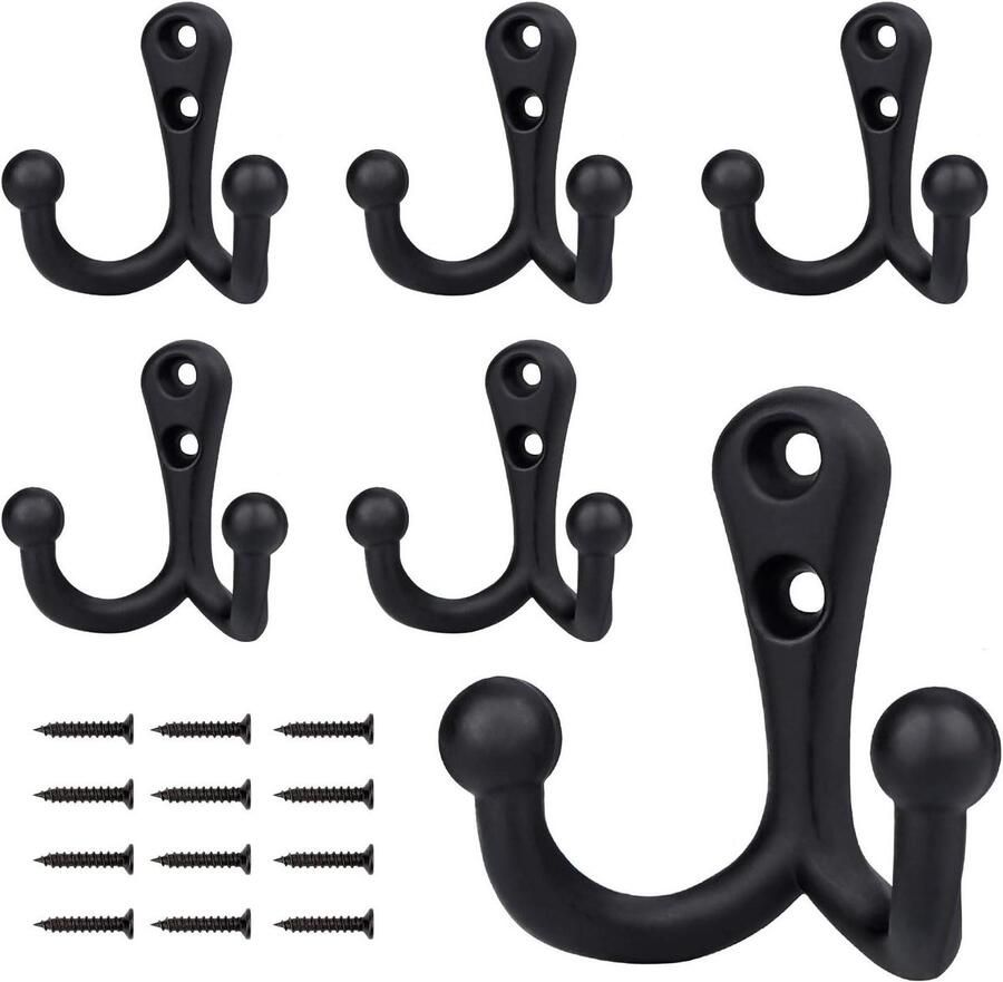 Heavy Duty Double Pin Wall Mounted Coat Hooks with 12 Screws Retro Double Bathrobe Hooks for Jacket Scarf Bag Towel Key Cap Cup Hat (Black 6PCS)