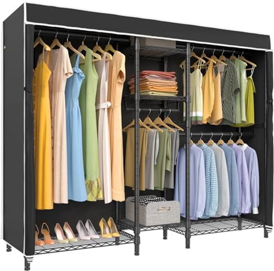 Heavy Duty Kledingrek met Overkapping Zwart Metalen Kledingrek voor Optimale Opslag