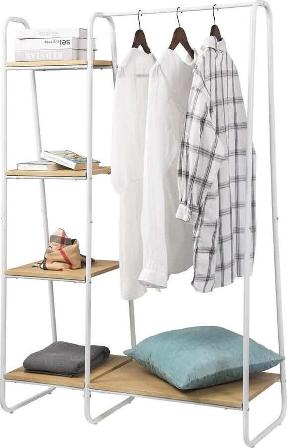 Heavy Duty Kledingstandaard met 4 Planken en Houten Schoenenrek Ruimtebesparende Oplossing voor Kleding en Schoenen