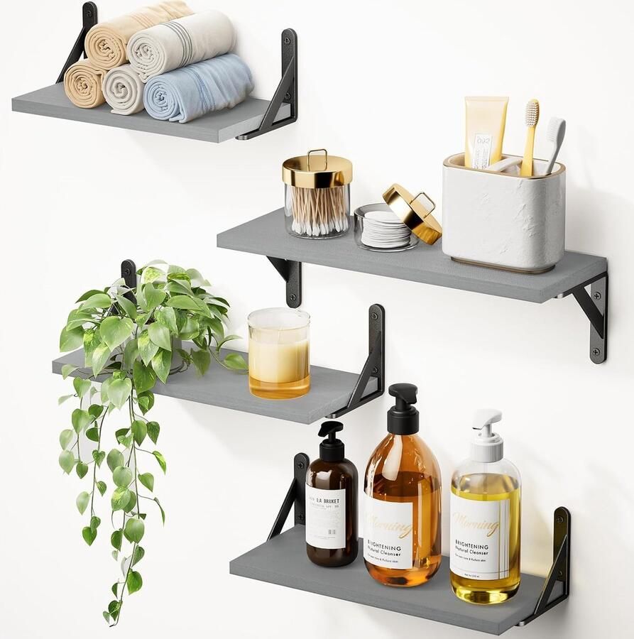 Wandplanken set van 4 wandplanken voor wanddecoratie ruimtebesparende wandplanken hout voor slaapkamer badkamer woonkamer keuken kantoor