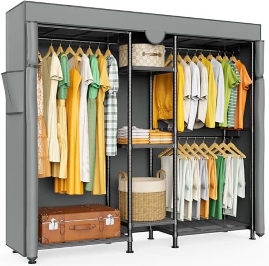 Heavy Duty Vrijstaande Kledingkast met Grijze Hoes Verstelbaar Metalen Kledingrek voor Slaapkamer