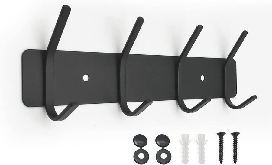 Heavy Duty Wandkapstok met 4 Hangers Multifunctioneel voor Kleding Hoeden en Sleutels Mat Zwart