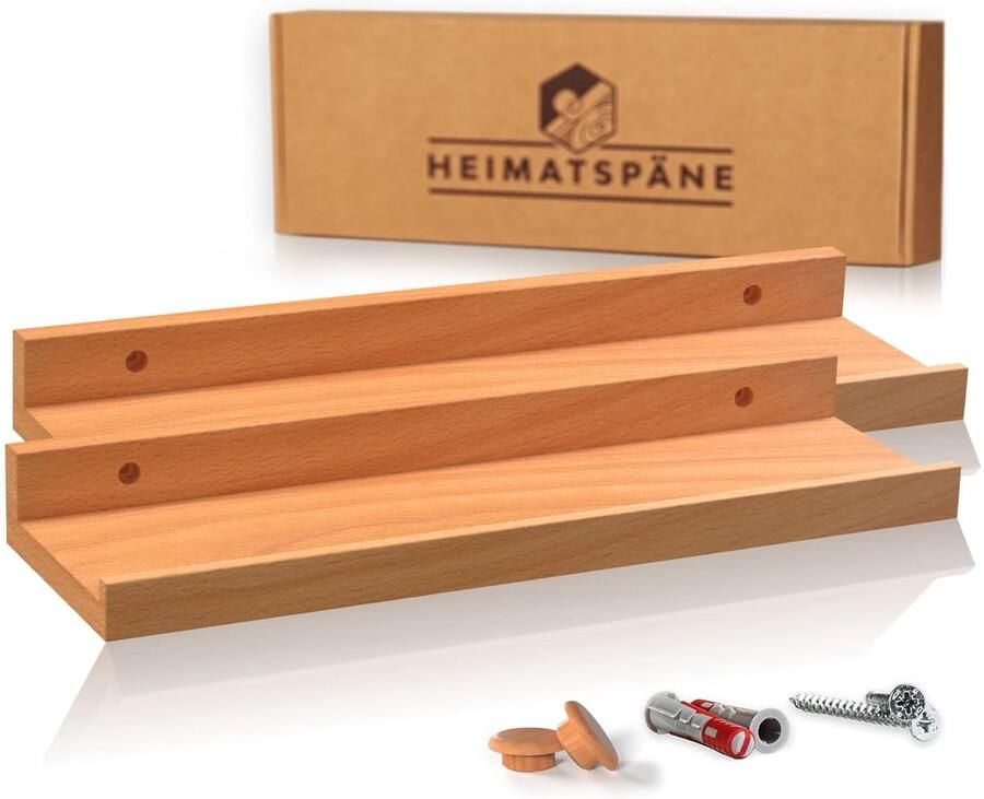 Heimatspäne set van 2 schilderijlijsten kernbeuken 40 cm houten wandplank [incl. schroefafdekkingen van echt hout] houten plank als wandplank of zwevende plank