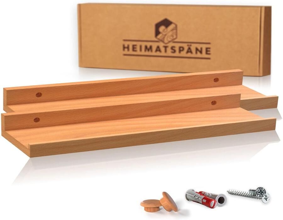 Heimatspäne set van 2 schilderijlijsten kernbeuken 60 cm houten wandplank [incl. schroefafdekkingen van echt hout] houten plank als wandplank of zwevende plank